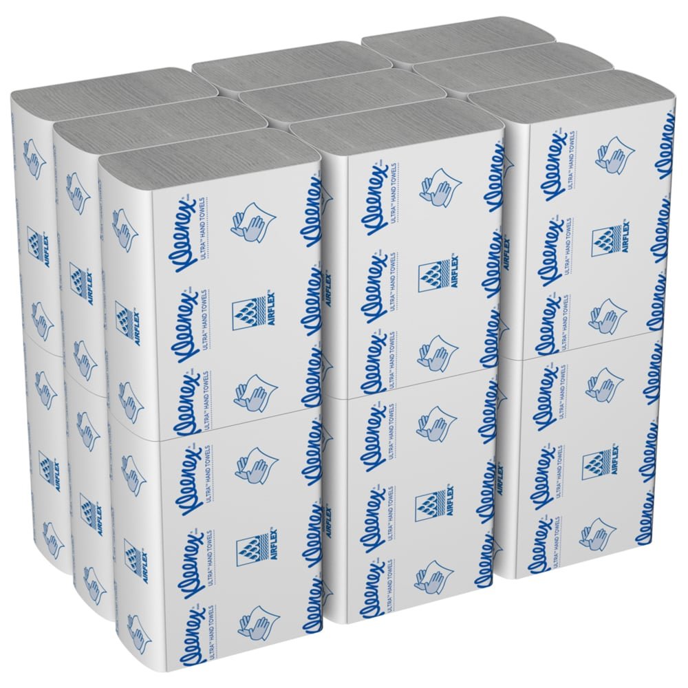 Egy doboz Kimberly-Clark GmbH Kleenex® Ultra™ kéztörlő 18 fehér MultiFold csomagot tartalmaz, 150 lappal, kék szövegekkel és szimbólumokkal a csomagoláson.