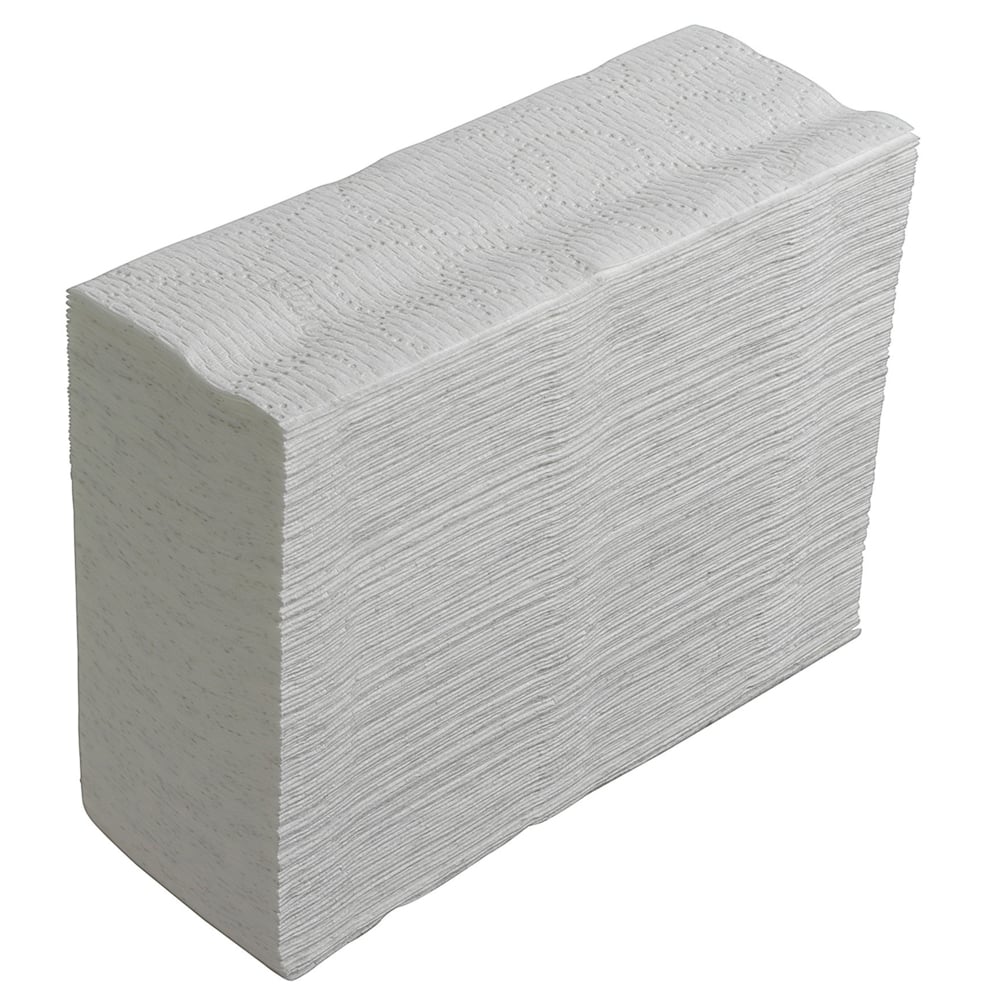 Egy rendezetten elrendezett halom Kimberly-Clark GmbH Kleenex® Ultra™ MultiFold kéztörlő fehér kicsi (18 x 150 lap dobozonként) enyhén szögből látható egy egyszínű fehér háttér előtt.
