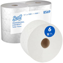 Eine Packung Scott® Control™ Toilettenpapier der Kimberly-Clark GmbH enthält 6 weiße Rollen (je 314 m, 1280 Blatt/Rolle) mit zentraler Entnahme und einem Etikett mit Produktangaben und blau hervorgehobenem "6 x".