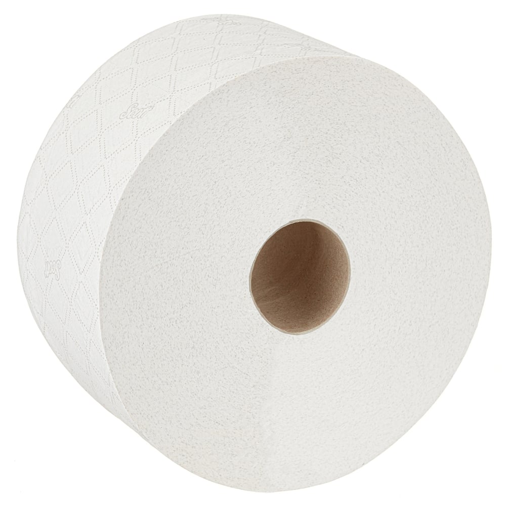Ein 314m Scott® Control™ Toilettenpapier (Zentralentnahme) von Kimberly-Clark GmbH mit Diamantprägung und Kartonkern wird auf weißem Hintergrund gezeigt. Packung: 6 Rollen x 1280 Blatt, weiß.