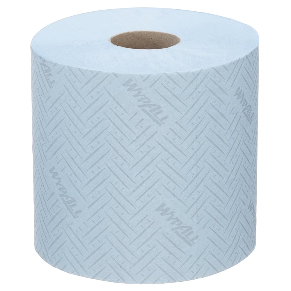 Egy csomag 6 kék WypAll® L10 papírtörlő centrifugális tekercsből (egyenként 630 lap) a Kimberly-Clark GmbH-tól, chevron mintával és barna papírmaggal - ideális az élelmiszer- és higiéniai területekre.