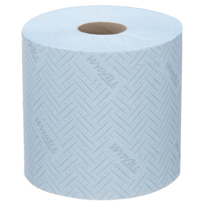 Egy csomag 6 kék WypAll® L10 papírtörlő centrifugális tekercsből (egyenként 630 lap) a Kimberly-Clark GmbH-tól, chevron mintával és barna papírmaggal - ideális az élelmiszer- és higiéniai területekre.