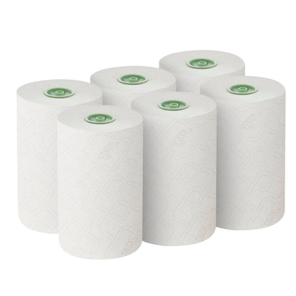 Hat fehér Scott® Essential™ tekercses kéztörlő E-roll Slimroll™ a Kimberly-Clark GmbH-tól két hármas sorban van elrendezve. Minden 1-rétegű, 180 m hosszú tekercsnek zöld magja és finom textúrája van, ami ideális a hatékony használathoz. A doboz 6 tekercset tartalmaz.