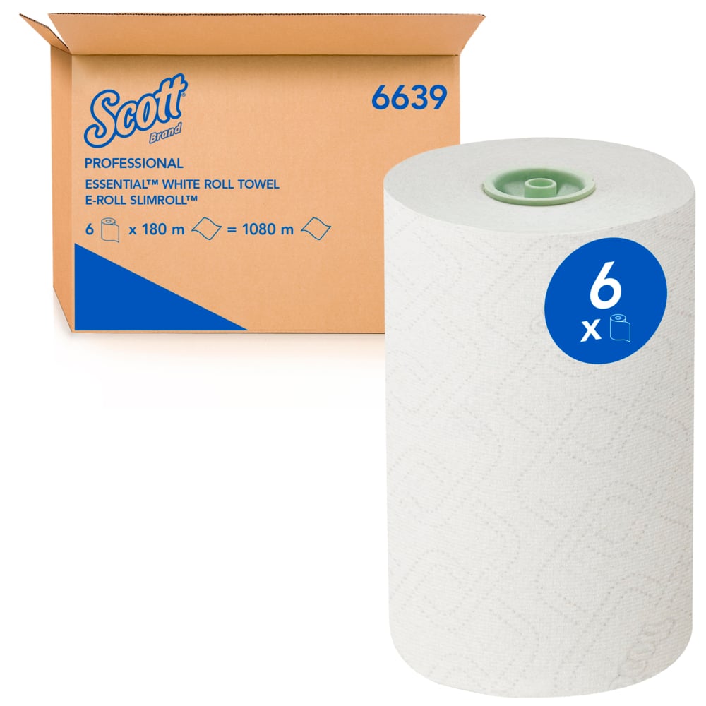 Egy nagy fehér Scott® Essential™ E-roll Slimroll™ egy nyitott Kimberly-Clark GmbH kartondoboz előtt fekszik. A hengeren egy kék matrica látható "6x" felirattal. Az egyrétegű tekercses kéztörlők 6x180m-es csomagban kaphatók.