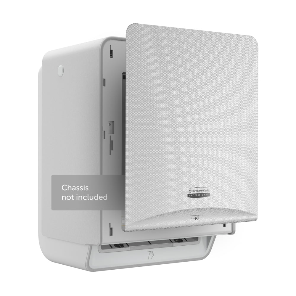 Egy fehér, téglalap alakú Kimberly-Clark Professional™ Icon™ Dispenser Faceplate (33,02 x 37,47 x 3,18 cm) a Kimberly-Clark GmbH-tól texturált fedéllel és logóval részben nyitva van ábrázolva, és "Chassis nincs mellékelve" felirattal van ellátva.