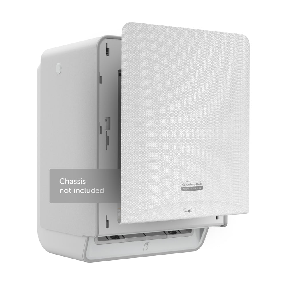 Egy fehér Kimberly-Clark Professional™ Icon™ Dispenser Faceplate - eHRT (33,02 x 37,47 x 3,18 cm) a Kimberly-Clark GmbH-tól, nyitott előlappal és "Chassis nincs mellékelve" felirattal van ábrázolva egy fehér háttérre szerelve.