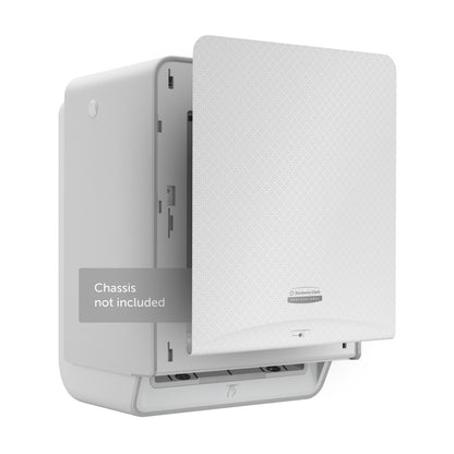 Egy fehér Kimberly-Clark Professional™ Icon™ Dispenser Faceplate - eHRT (33,02 x 37,47 x 3,18 cm) a Kimberly-Clark GmbH-tól, nyitott előlappal és "Chassis nincs mellékelve" felirattal van ábrázolva egy fehér háttérre szerelve.