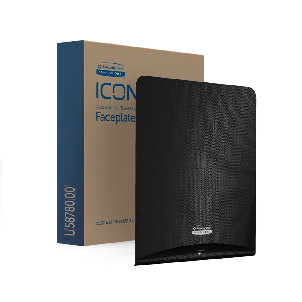 A Kimberly-Clark GmbH Professional™ Icon™ Dispenser Faceplate - eHRT (33,02 cm x 37,47 cm x 3,18 cm) csomagolásával együtt van bemutatva - ideális higiéniai megoldás modern mosdók számára.