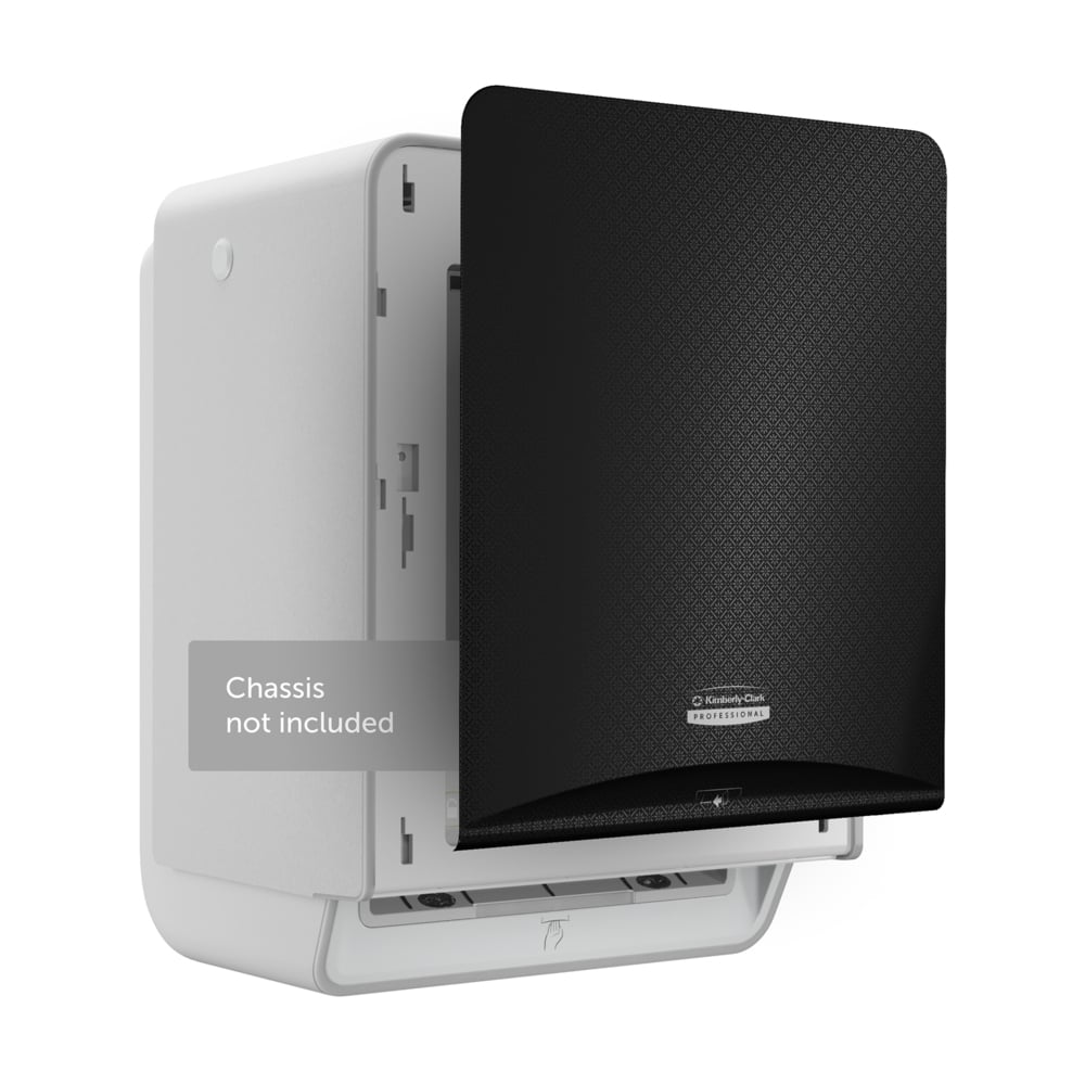 Egy Kimberly-Clark Professional™ Icon™ Dispenser Faceplate - eHRT (33,02 x 37,47 x 3,18 cm) a Kimberly-Clark GmbH-tól részben nyitva van ábrázolva egy fehér talapzaton "Chassis nincs mellékelve" felirattal és diszkrét, texturált mintával fehér háttéren.