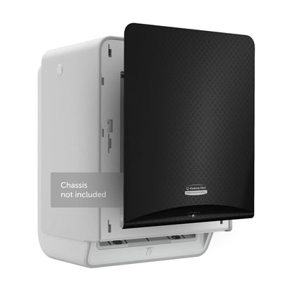 Egy Kimberly-Clark Professional™ Icon™ Dispenser Faceplate - eHRT (33,02 x 37,47 x 3,18 cm) a Kimberly-Clark GmbH-tól részben nyitva van ábrázolva egy fehér talapzaton "Chassis nincs mellékelve" felirattal és diszkrét, texturált mintával fehér háttéren.