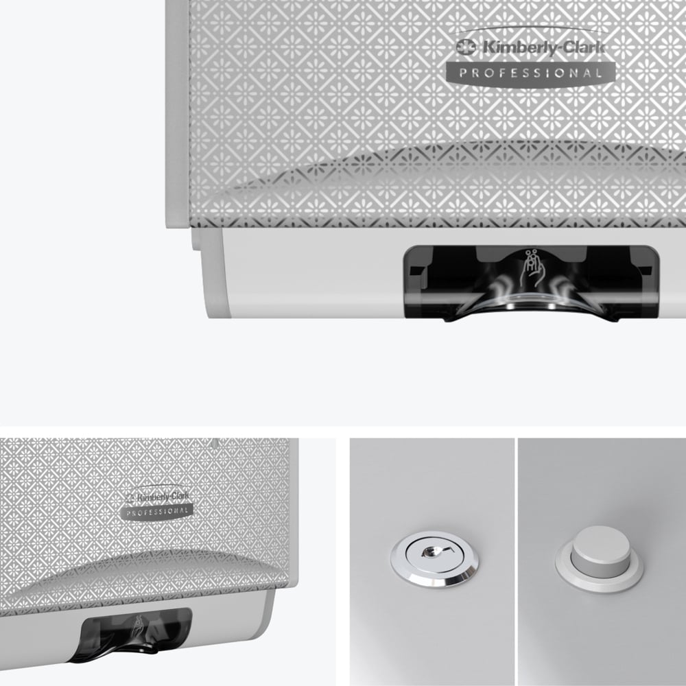 Nahaufnahmen des Kimberly-Clark Professional™ Icon™ Elektronischer Hautpflegespender, berührungslose Abgabe, zeigen das Silver Mosaic Design, Sensorbereich, Schloss und Geschmack-eine hygienische Lösung von Kimberly-Clark GmbH für moderne Räume.