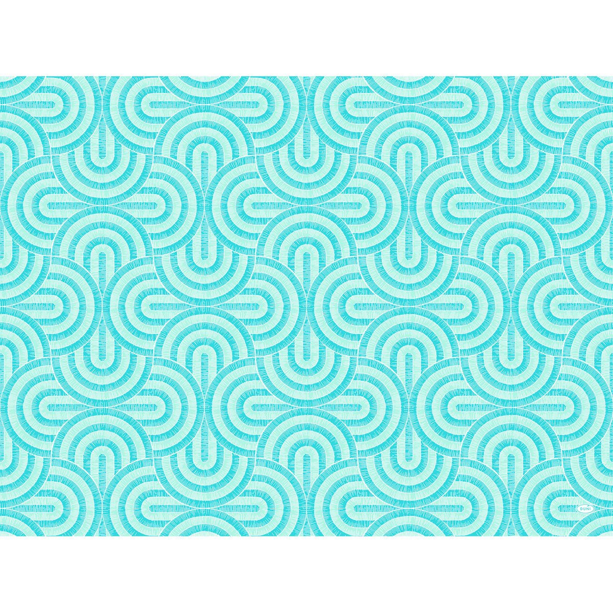Szimmetrikus geometrikus minta átfedő türkiz és világoskék félkörökkel fehéren, amelyek modern, ismétlődő mintát alkotnak - tökéletes a Duni GmbH 30x40-es Dunicel-készleteihez.