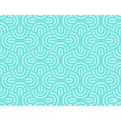Szimmetrikus geometrikus minta átfedő türkiz és világoskék félkörökkel fehéren, amelyek modern, ismétlődő mintát alkotnak - tökéletes a Duni GmbH 30x40-es Dunicel-készleteihez.