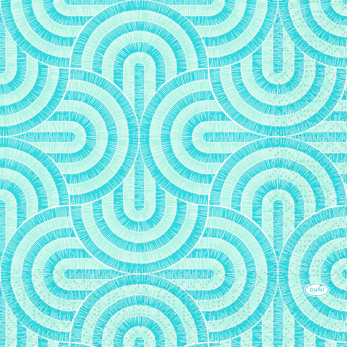 Ein tealfarbenes und hellblaues geometrisches Muster mit Halbkreisen ziert die Duni GmbH Breeze Mint Blue Servietten 33x33 cm (250 Stück); "DUNI" steht in kleinen Buchstaben unten rechts.