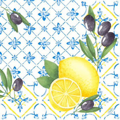 Akvarell-illusztráció citromokról, olajbogyókról és kék-fehér virágos geometrikus csempékről a Duni GmbH Klassikservietten 40 x 40 cm, 4-rétegű, dombornyomott, 1/4 hajtású szalvétákon.