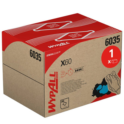 A WypAll® X60 General Clean BRAG™ Box (41,80 x 28,30 cm) a Kimberly-Clark GmbH-tól 200 törlőkendőt tartalmaz, és kezekkel, amelyek kendőt használnak, a tisztítási megoldás előnyeinek szimbólumaival, valamint a 6035-ös termékkóddal van ellátva barna és piros csomagolásban.