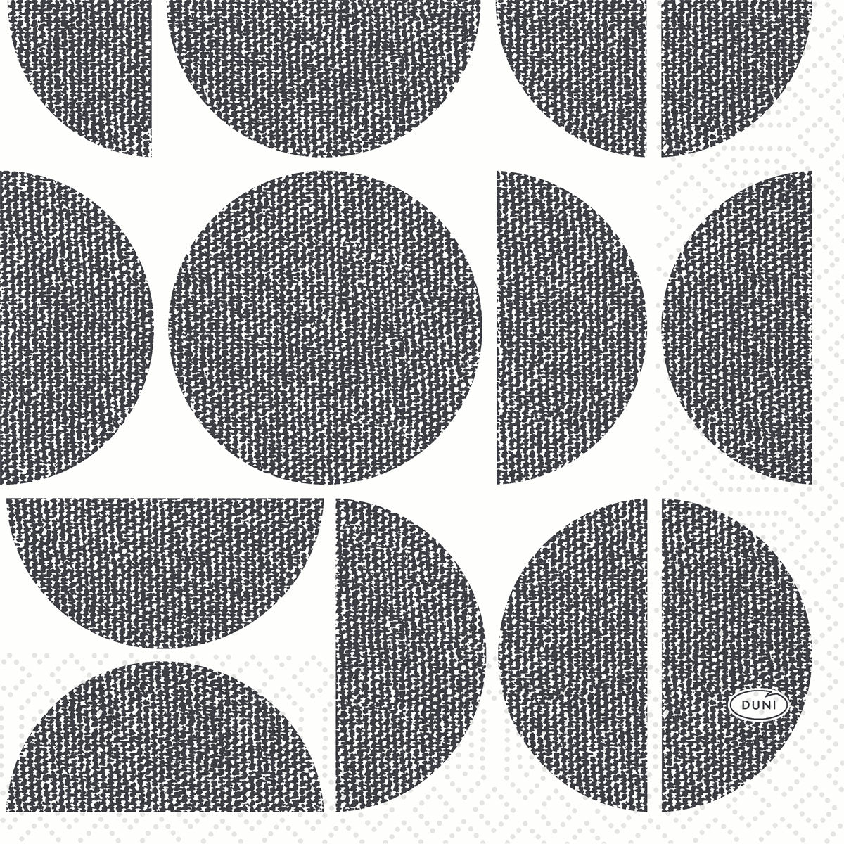 A Duni GmbH Zellt.Serv.33x33 3lg 1/4 formák fekete textúrázott köröket, félköröket és negyedköröket mutatnak fehéren, szövött dizájnnal és ovális "DUNI" logóval, sokoldalúan használható. Méret: 33x33 cm. Csomag: 250 szalvéta.