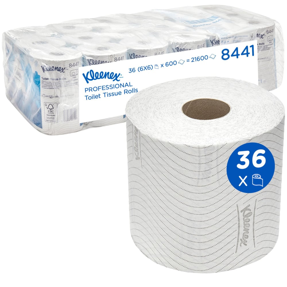 Eine Großpackung Kleenex® Toilettenpapier von Kimberly-Clark GmbH: 6 Packungen mit je 6 kleinen Rollen (600 Blatt pro Rolle), abgebildet vor einem Karton. Auf der Verpackung sind Produktinformationen und die Zahl "36" in einem blauen Kreis zu sehen.