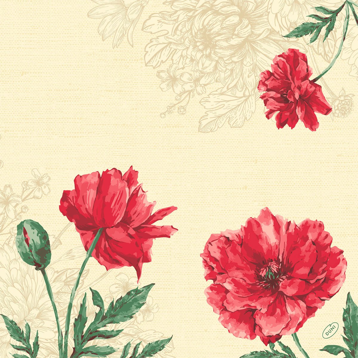 Három piros pipacs illusztrációja zöld levelekkel és egy bimbóval bézs alapon, finom virágos sarokvonalakkal - ideális a Duni GmbH Klassikservietten 40 x 40 cm 4-rétegű, dombornyomott 1/4 hajtású szalvétákhoz.