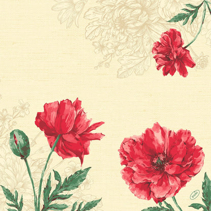 Három piros pipacs illusztrációja zöld levelekkel és egy bimbóval bézs alapon, finom virágos sarokvonalakkal - ideális a Duni GmbH Klassikservietten 40 x 40 cm 4-rétegű, dombornyomott 1/4 hajtású szalvétákhoz.