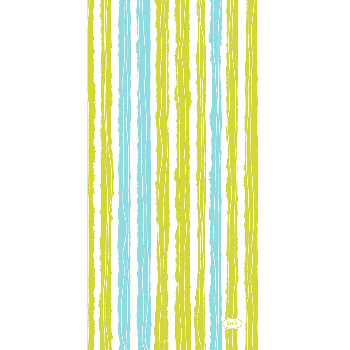 A Dunisoft Elise Stripes 20x40 cm-es szalvéták a Duni GmbH-tól egyenetlen kék és zöld hosszanti csíkokat mutatnak különböző vastagságban fehéren, valamint egy kis sárga "DUNI" ovált a jobb alsó sarokban. A csomag 120 szalvétát tartalmaz.