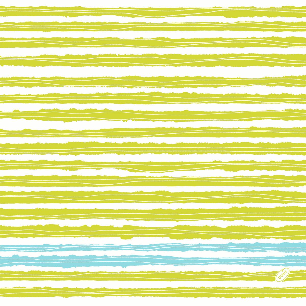 Egy egyenetlen sárga-zöld vonalakból álló minta fehér alapon kék akcentusokkal és egy kis "Hallo" címkével - ideális a Duni GmbH 40 x 40 cm 1/4 hajtású Dunisoft szalvétájához.