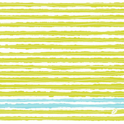 Egy egyenetlen sárga-zöld vonalakból álló minta fehér alapon kék akcentusokkal és egy kis "Hallo" címkével - ideális a Duni GmbH 40 x 40 cm 1/4 hajtású Dunisoft szalvétájához.