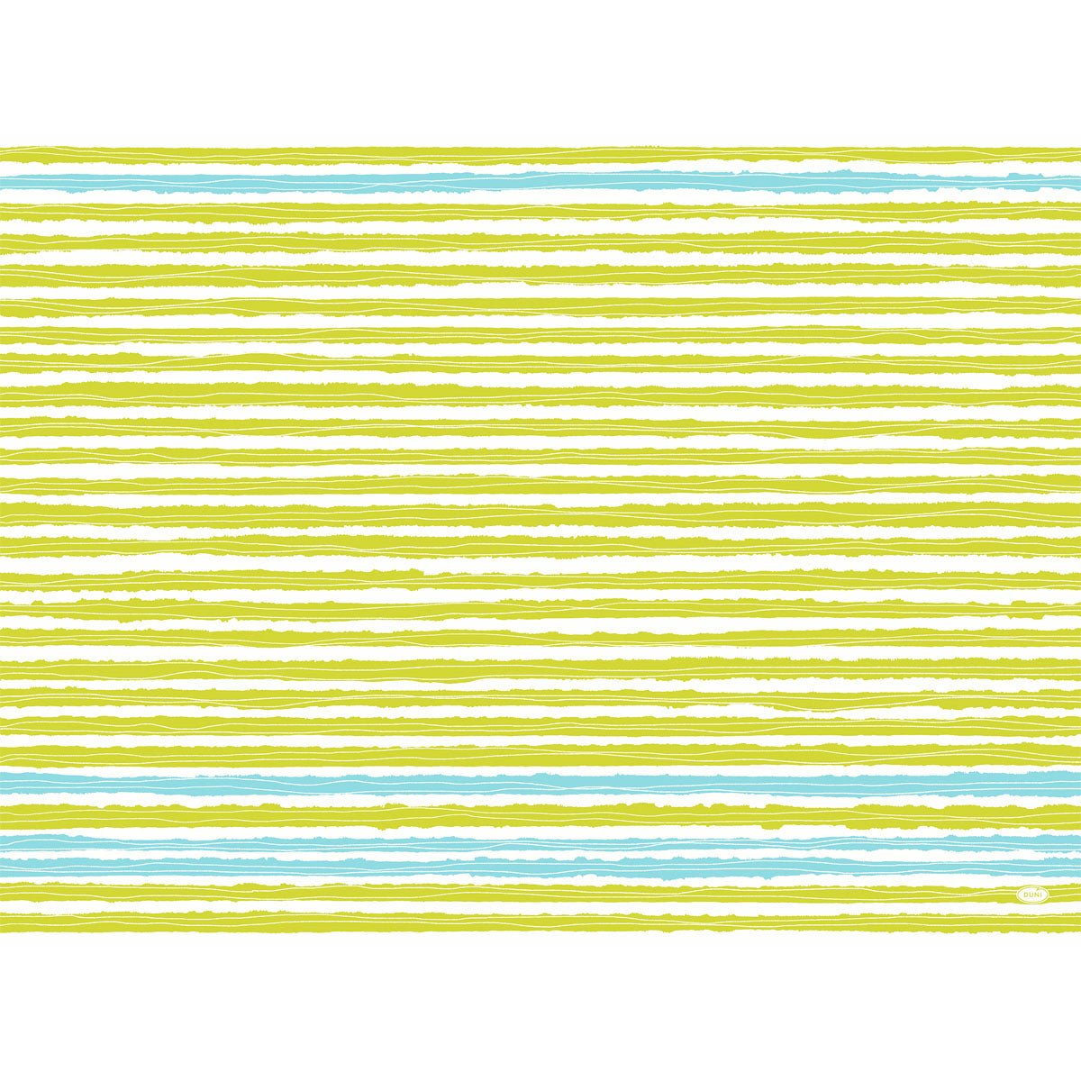 Egy minta vízszintes sárga és világoskék kézzel rajzolt vonalakkal fehér alapon, amelyet Elise Stripes ihletett a Dunicel szettekhez 30x40 cm-es méretben, 100 darabos csomagban, a Duni GmbH-tól.
