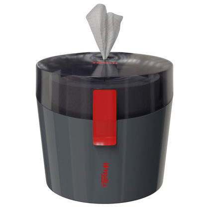 Egy sötétszürke, henger alakú WypAll® Reach Plus™ Centrefeed-adagoló a Kimberly-Clark GmbH-tól, átlátszó fedéllel és piros zárral egy tekercs eldobható törlőkendőt fogad, amely részben a felső résen keresztül van húzva.