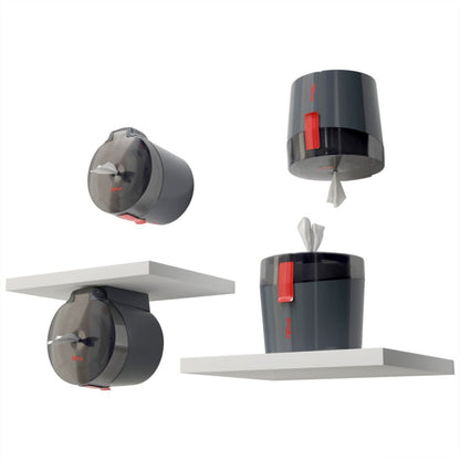 Négy kép mutat egy sötétszürke WypAll® Reach Plus™ Centrefeed-adagolót a Kimberly-Clark GmbH-tól, piros karral, amely fehér polcok fölé vagy alá van szerelve. Az egyik adagoló nyitva van, és a kendők láthatóak, a másik zárva van.