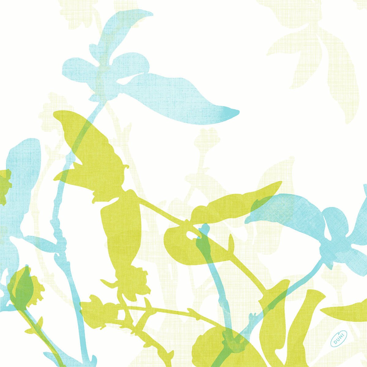 Egy digitális illusztráció átfedő világoszöld és kék botanikai sziluettekről fehér alapon díszíti a Duni GmbH Klassikservietten 40 x 40 cm, 4-rétegű, dombornyomott szalvétákat finom mintával és 1/4 hajtással - tökéletes a elegánsan terített asztalhoz.