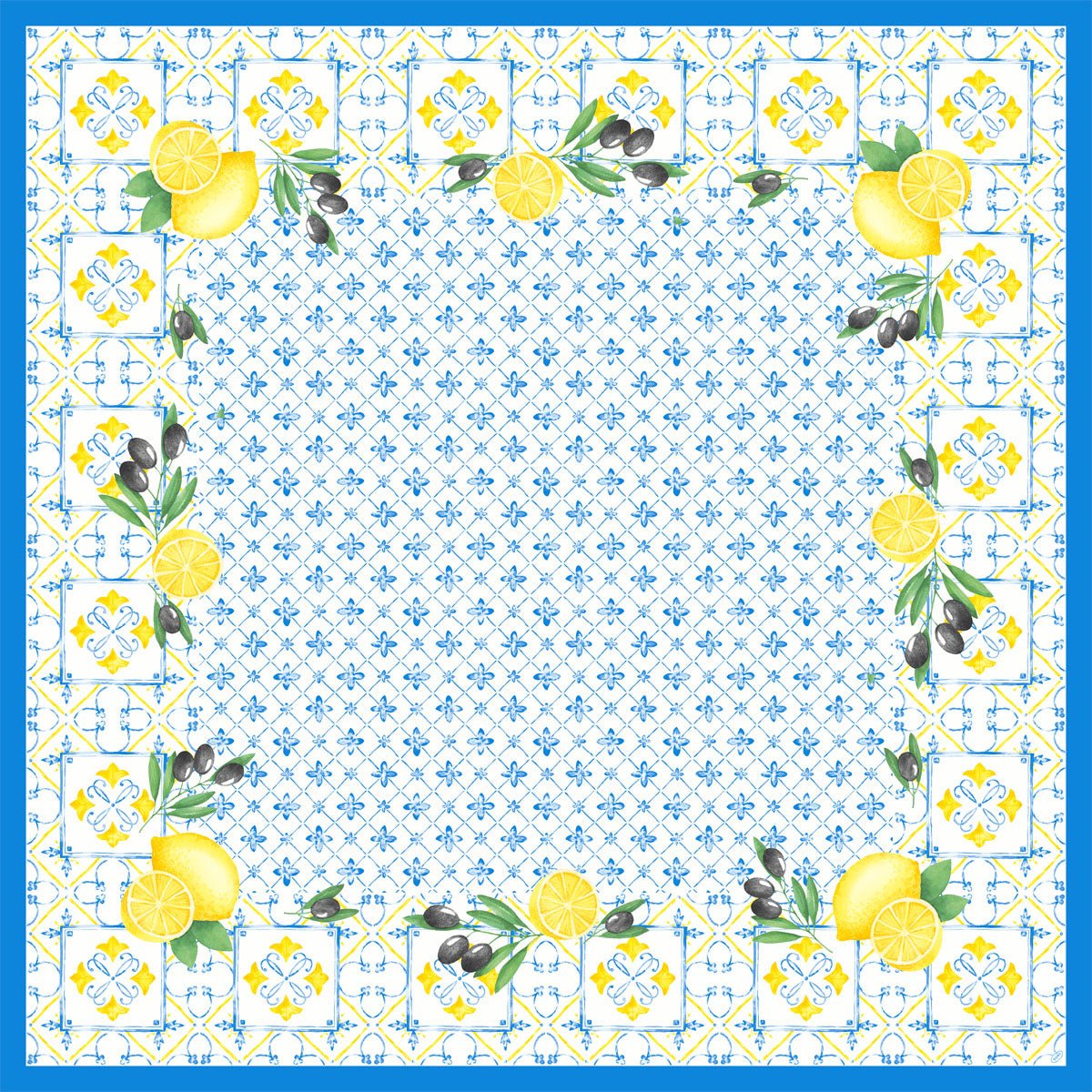 Die Dunicel Mitteldecke 84x84 cm Mediterran von Duni GmbH hat ein quadratisches, von Fliesen inspiriertes Design mit blauem Rand, Zitronen, Oliven und grünen Blättern in jeder Ecke sowie einem blauen Blumenmotiv in der Mitte. Perfekt für eine stilvolle Tischdekoration. Packung (20 Stück).