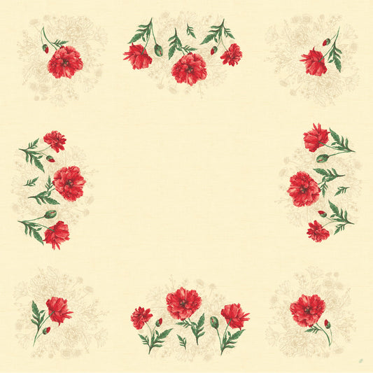 Ein cremefarbenes Quadrat mit roter Nelke und grüner Blattbordüre, perfekt als elegante Dunisilk Monique Tischdecke 84x84 cm von Duni GmbH-ideal für stilvolle Tischdekoration (Packung mit 20 Stück).