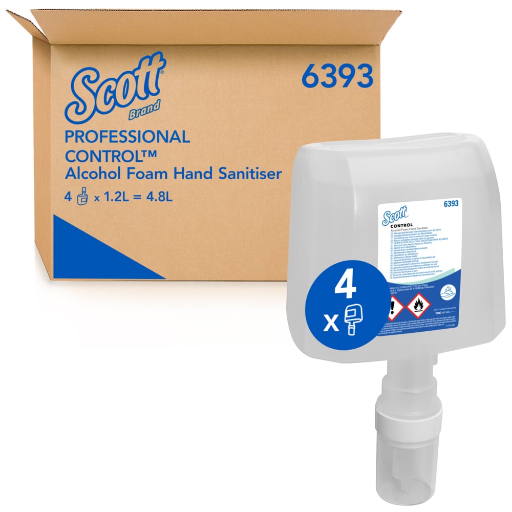 Eine braune Kimberly-Clark-Dose mit der Aufschrift "Scott® CONTROL Handdesinfektionsschaum auf Alkoholbasis" und einer transparenten 1,2-Liter-Nachfüllpackung auf der Vorderseite, beide mit der blauen Zahl 4 und dem Hinweis auf hygienische Händedesinfektion.