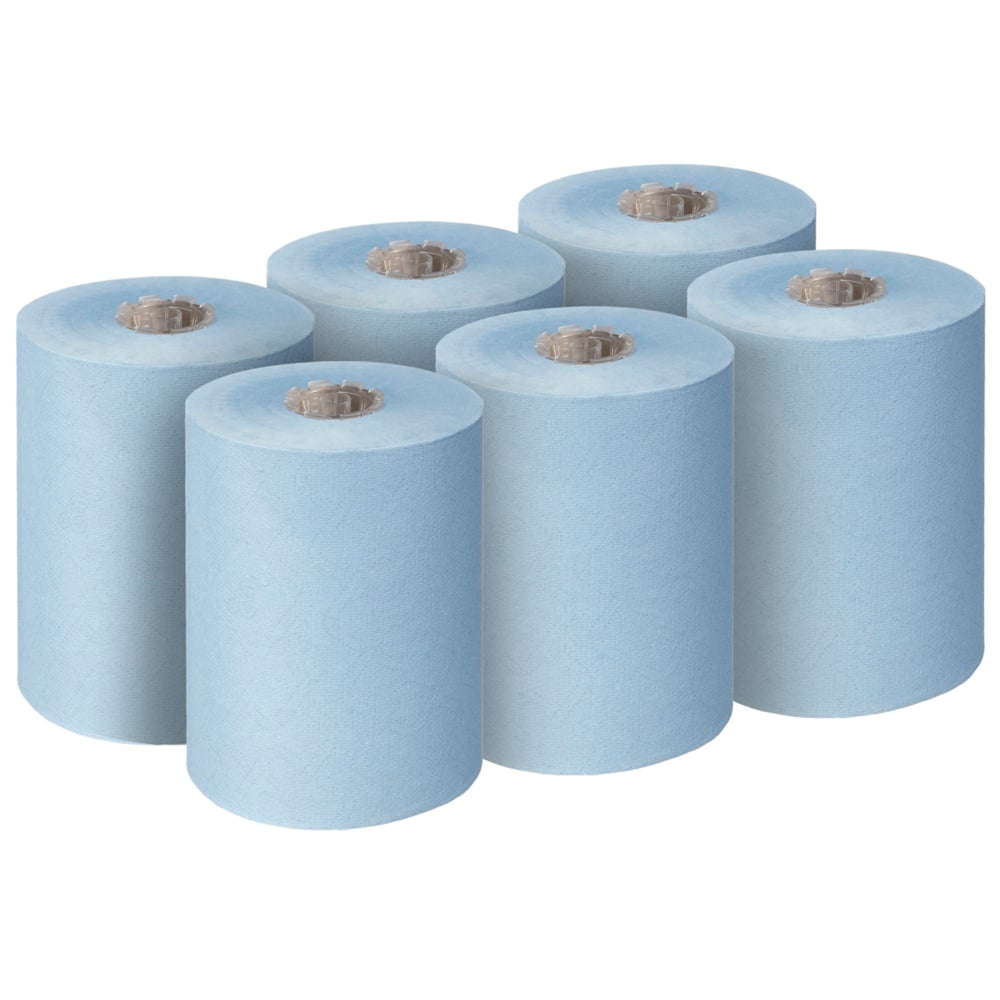 Hat Scott® Essential™ Slimroll™ kéztörlő (190,00 m x 19,80 cm, Kimberly-Clark GmbH) két háromsoros elrendezésben, használatlanul, látható karton középpel, környezetbarát kézszárítást kínál.