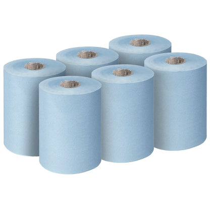 Hat Scott® Essential™ Slimroll™ kéztörlő (190,00 m x 19,80 cm, Kimberly-Clark GmbH) két háromsoros elrendezésben, használatlanul, látható karton középpel, környezetbarát kézszárítást kínál.