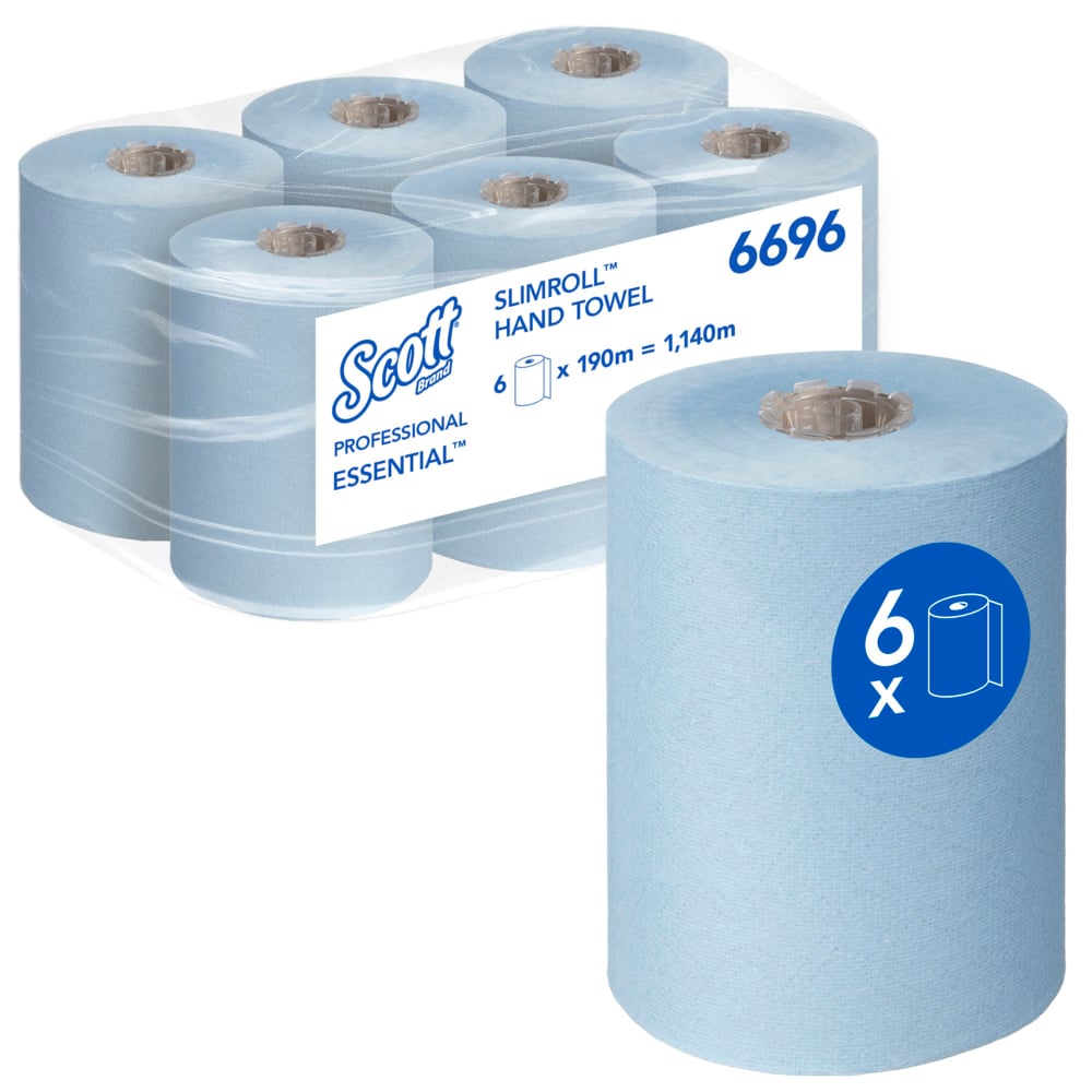 Hat kék Scott® Essential™ Slimroll™ kéztörlő (190 m x 19,8 cm) a Kimberly-Clark GmbH-tól, egy tekercs elöl, csomagolás hátul "6 x 190 m = 1.140 m" felirattal, termékkód 6696 - környezetbarát kézszárításhoz.