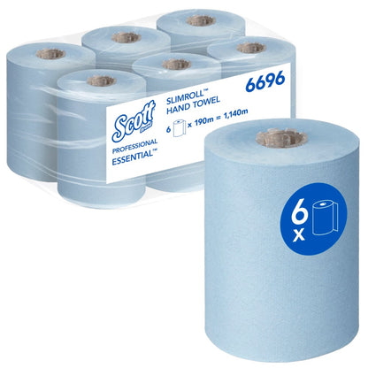 Hat kék Scott® Essential™ Slimroll™ kéztörlő (190 m x 19,8 cm) a Kimberly-Clark GmbH-tól, egy tekercs elöl, csomagolás hátul "6 x 190 m = 1.140 m" felirattal, termékkód 6696 - környezetbarát kézszárításhoz.