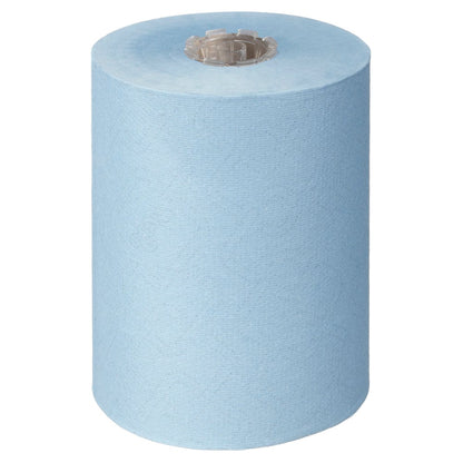 Egy Scott® Essential™ Slimroll™ kéztörlő (190,00 m x 19,80 cm) a Kimberly-Clark GmbH-tól, világoskék színű, barna maggal, fehéren áll - ideális környezetbarát kézszárításhoz.