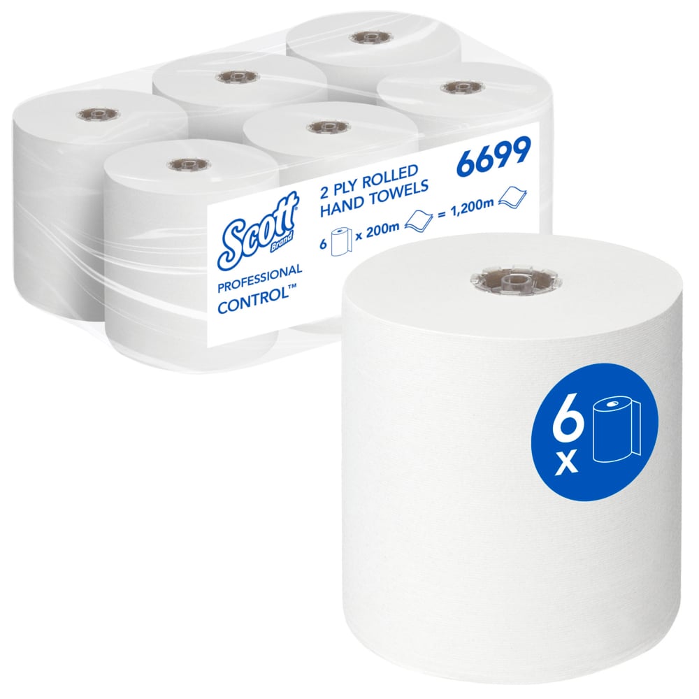 Sechs Rollen Scott® Control™ Handtücher - Rolle / Weiß von Kimberly-Clark GmbH, jeweils einzeln verpackt; Packung enthält 6 Rollen mit einer Gesamtlänge von 1.200 Metern zum hygienischen Händetrocknen. Eine Rolle ist auf der Vorderseite abgebildet.