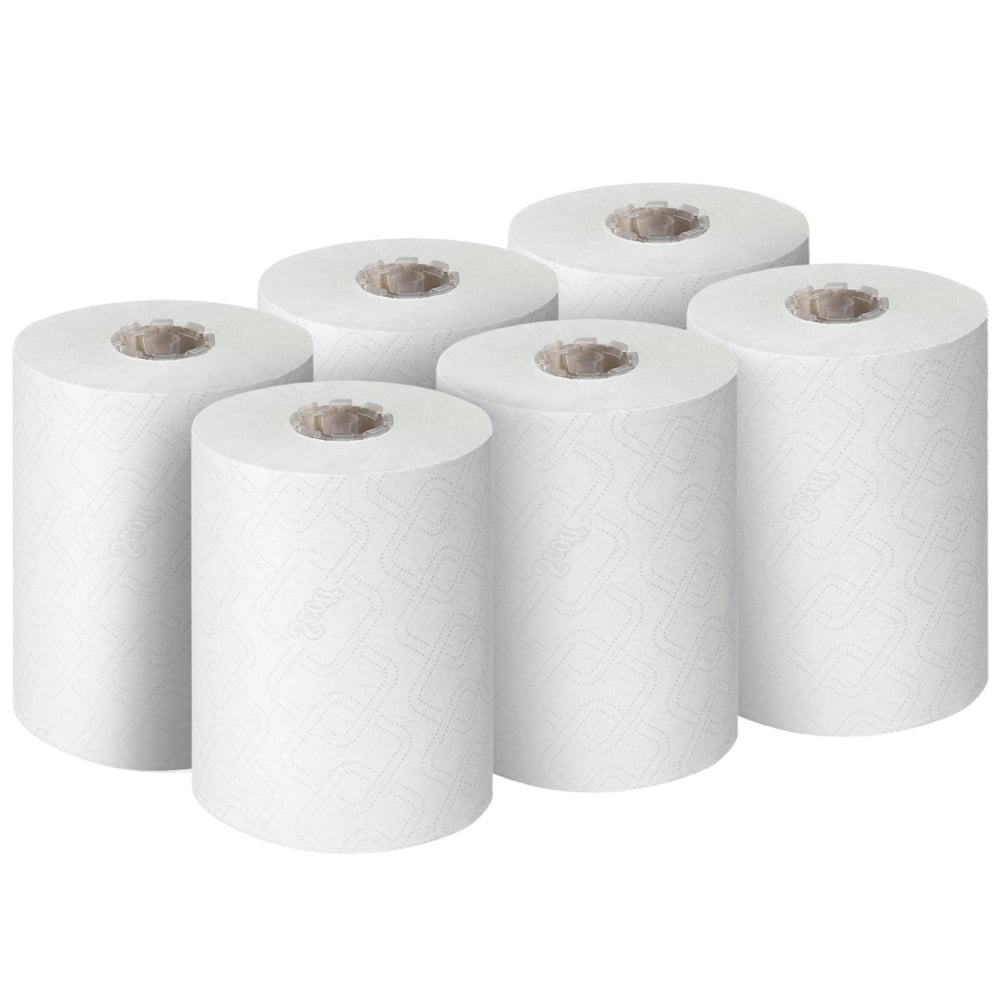 Hat Scott® Essential™ Slimroll™ kéztörlő a Kimberly-Clark GmbH-tól (190,00 m x 19,80 cm) két háromsoros elrendezésben látható. A használatlan tekercsek finom geometriai dombornyomott mintázattal rendelkeznek környezetbarát kézszárításhoz.