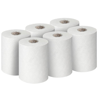 Hat Scott® Essential™ Slimroll™ kéztörlő a Kimberly-Clark GmbH-tól (190,00 m x 19,80 cm) két háromsoros elrendezésben látható. A használatlan tekercsek finom geometriai dombornyomott mintázattal rendelkeznek környezetbarát kézszárításhoz.