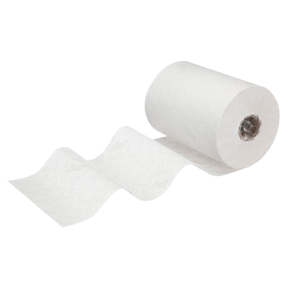 Egy részben kitekert Scott® Essential™ Slimroll™ kéztörlő (190,00 m x 19,80 cm) a Kimberly-Clark GmbH-tól fehér háttéren ábrázolva, bemutatva gyakorlati alkalmasságát környezetbarát kézszárításhoz.