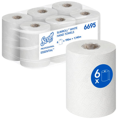 Egy csomag hat Scott® Essential™ Slimroll™ kéztörlővel (190 m x 19,8 cm) a Kimberly-Clark GmbH-tól, két háromsoros elrendezésben termékjelzéssel és egy kék "6x" tekercsszimbólummal, tökéletes környezetbarát kézszárításhoz minőségi papírtörlőkkel.
