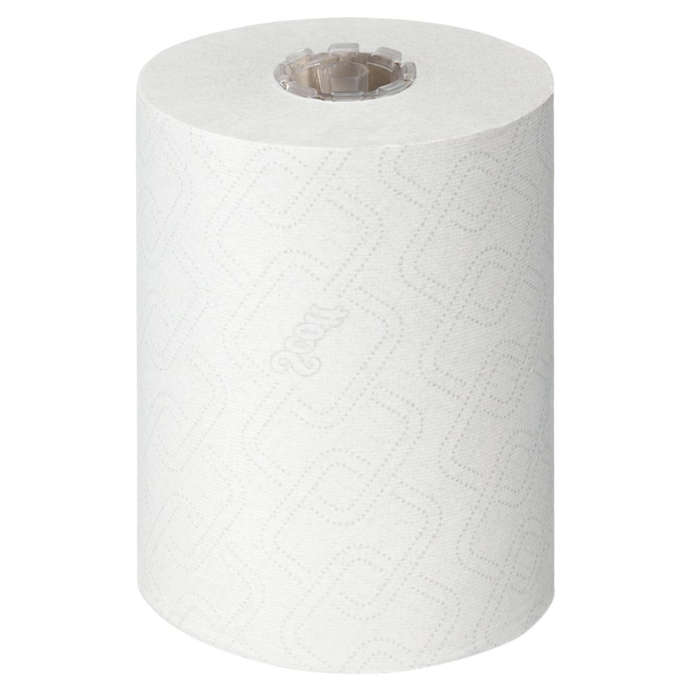 Egyetlen fehér Scott® Essential™ Slimroll™ kéztörlő (190,00 m x 19,80 cm) a Kimberly-Clark GmbH-tól, finom dombornyomással és látható maggal, egy egyszerű fehér háttéren áll - ideális környezetbarát kézszárításhoz.