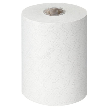 Egyetlen fehér Scott® Essential™ Slimroll™ kéztörlő (190,00 m x 19,80 cm) a Kimberly-Clark GmbH-tól, finom dombornyomással és látható maggal, egy egyszerű fehér háttéren áll - ideális környezetbarát kézszárításhoz.