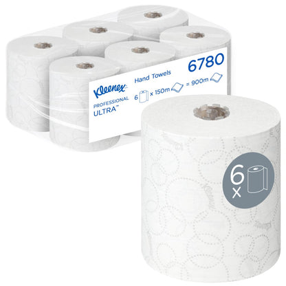 Kimberly-Clark GmbH Kleenex® ULTRA™ kéztörlők - 6 tekercs, egyenként 150 m, higiénikusan egyenként csomagolva - összesen 900 m fehér papírtörlő kartonban.