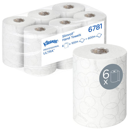 Egy karton 6 Kleenex® Ultra™ Slimroll™ kéztörlőt tartalmaz a Kimberly-Clark GmbH-tól, minden fehér tekercs 100m, ideális keskeny adagolórendszerekhez. Egy tekercs külön van ábrázolva egy "6x" és tekercsszimbólummal a címkén.