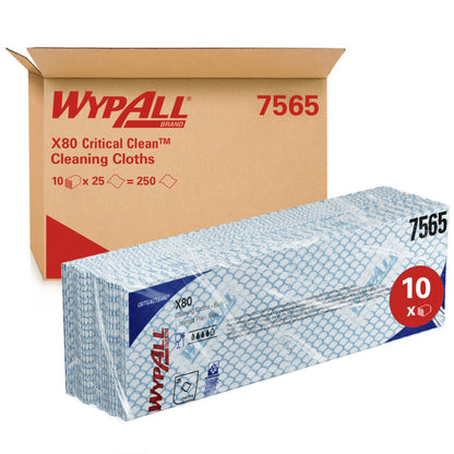 Eine Schachtel WypAll® X80 Critical Clean - Interfold von Kimberly-Clark GmbH, mit blau und weiß gemusterten Tüchern (41 x 33 cm); ideal für die industrielle Reinigung. Verpackung: 10 Packungen mit 25 Tüchern, insgesamt 250.
