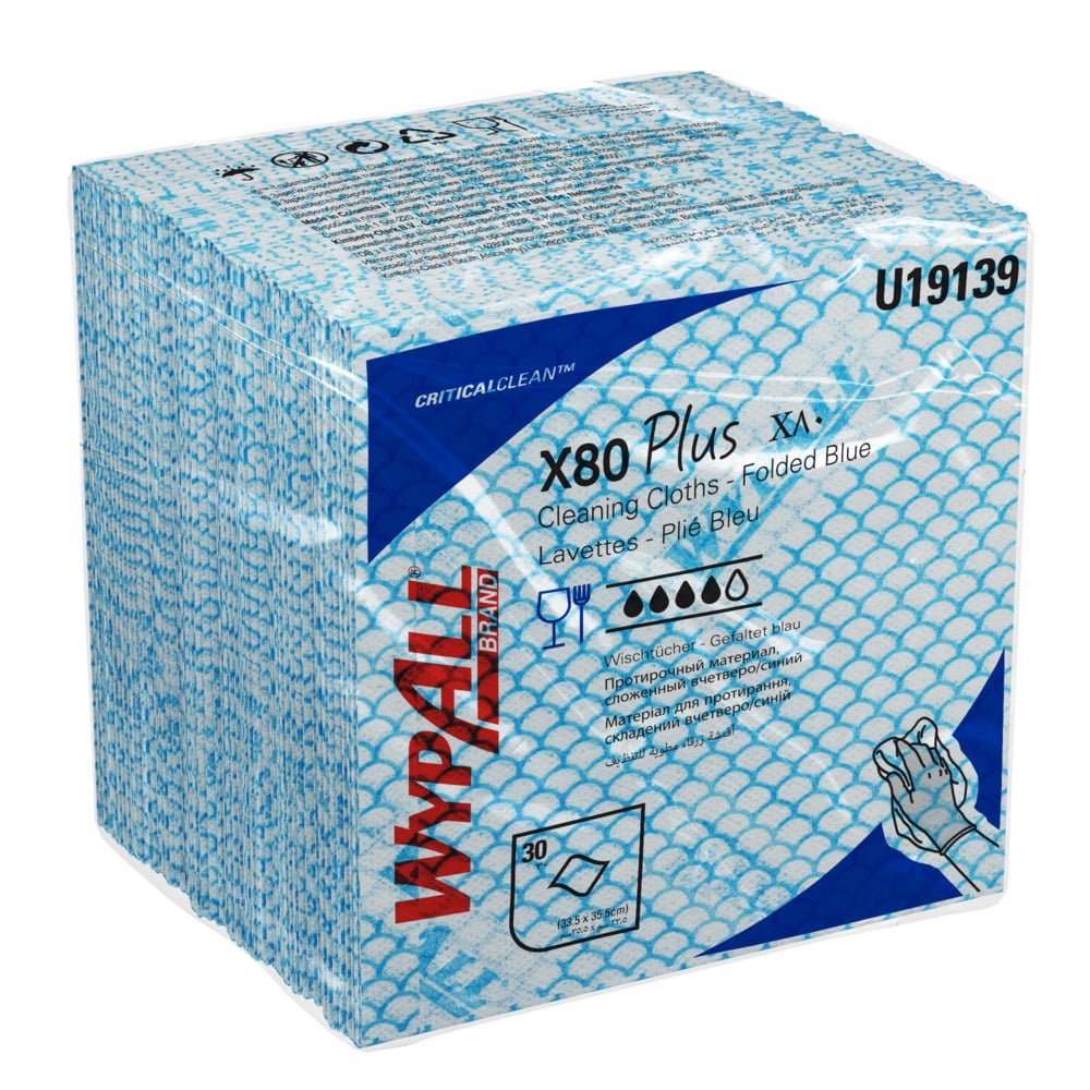 Egy doboz WypAll® X80 Plus Critical Clean, negyedbehajtott kék törlőkendők (8 csomag x 30 lap) a Kimberly-Clark GmbH-tól - márkajelzéssel, részletekkel és szimbólumokkal a nedvszívó képességért - ideális kritikus környezetekhez.